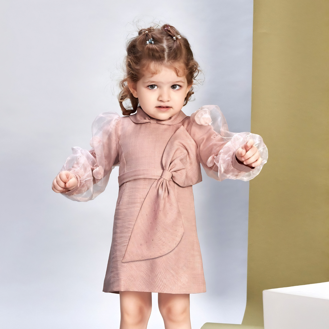 Woven Full Puffed Sleeves Bow Frock