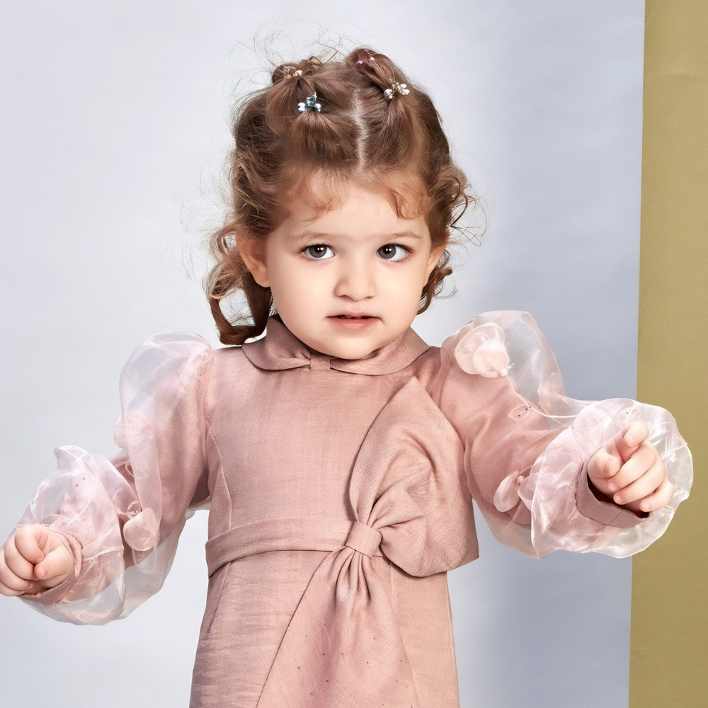 Woven Full Puffed Sleeves Bow Frock
