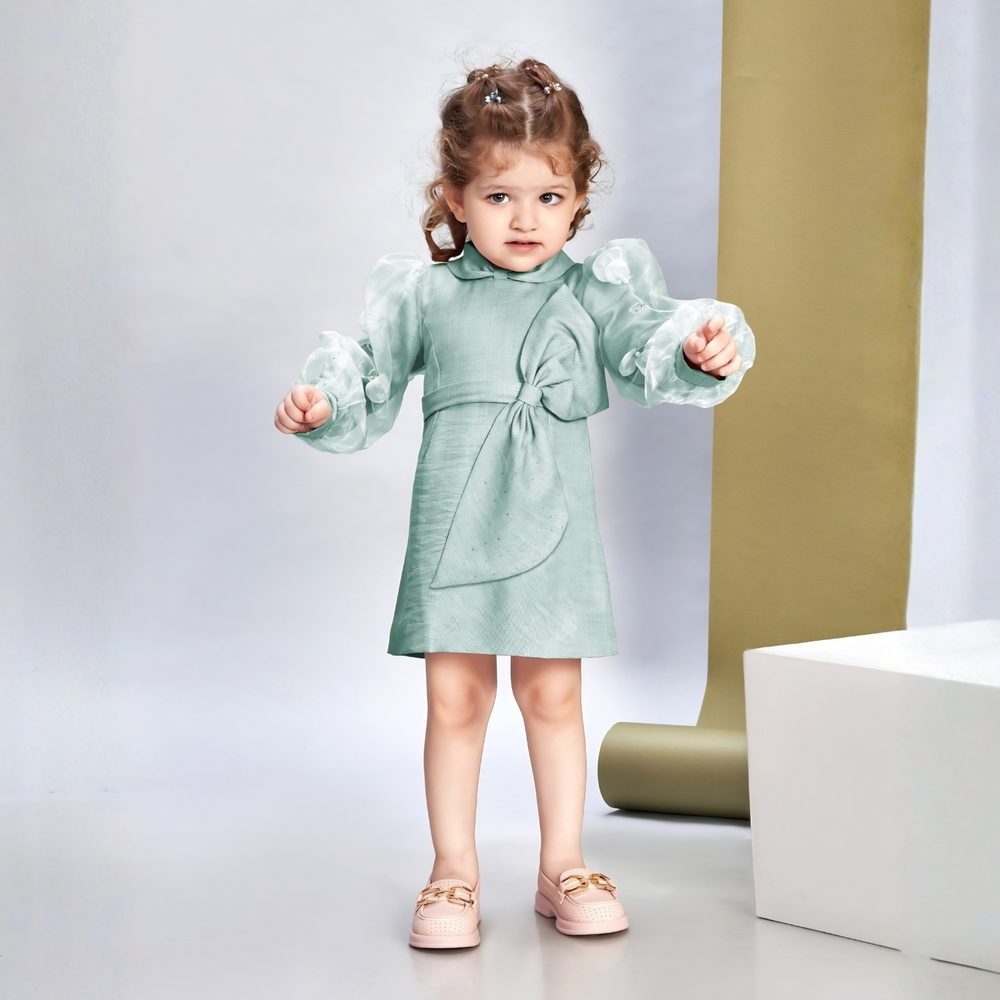 Woven Full Puffed Sleeves Bow Frock