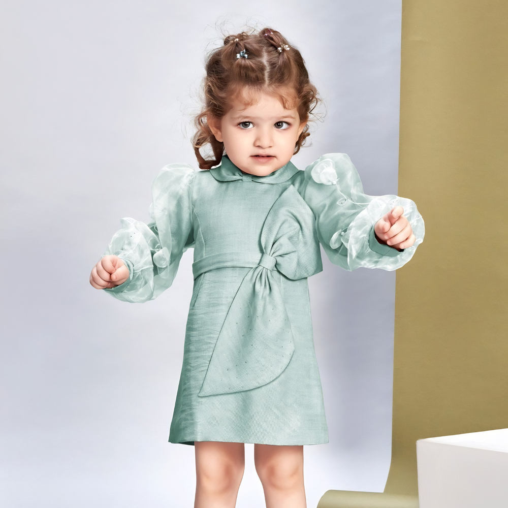 Woven Full Puffed Sleeves Bow Frock