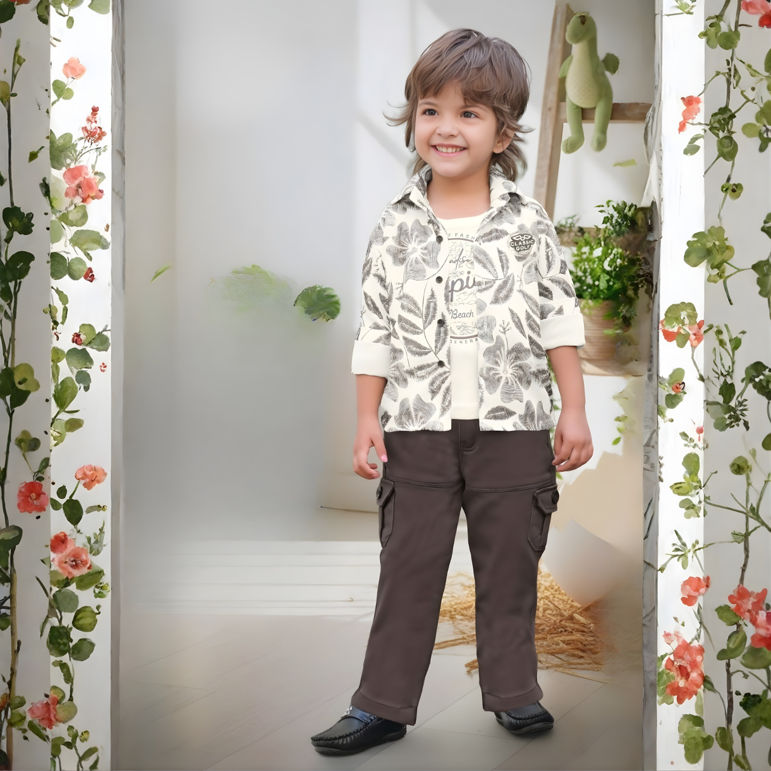 Boys Coffee Floral Printed Full Suit