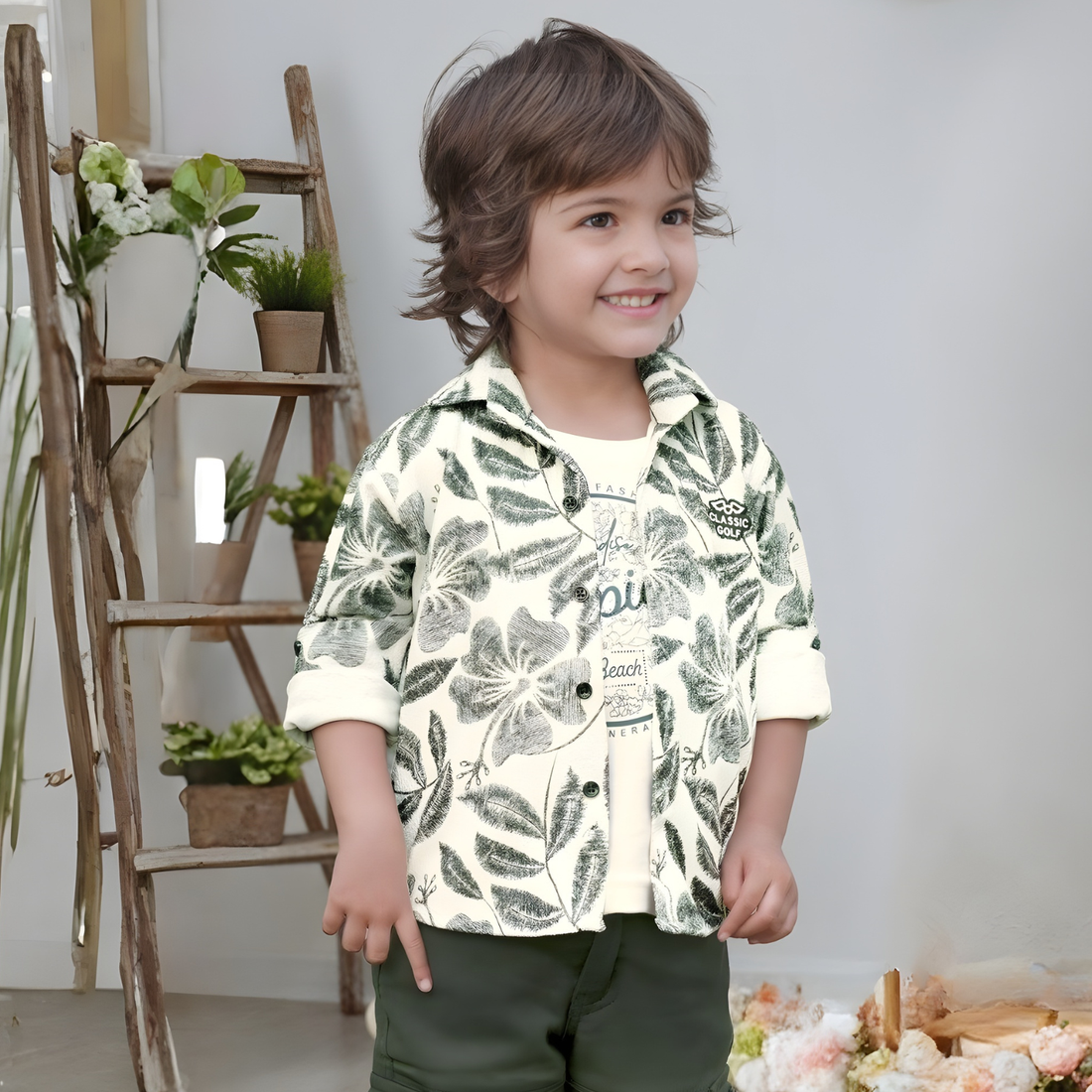 Boys Green Floral Printed Full Suit
