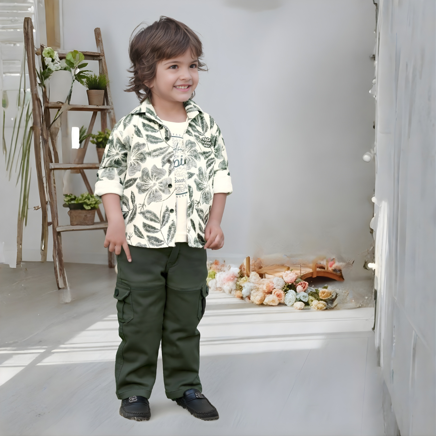Boys Green Floral Printed Full Suit