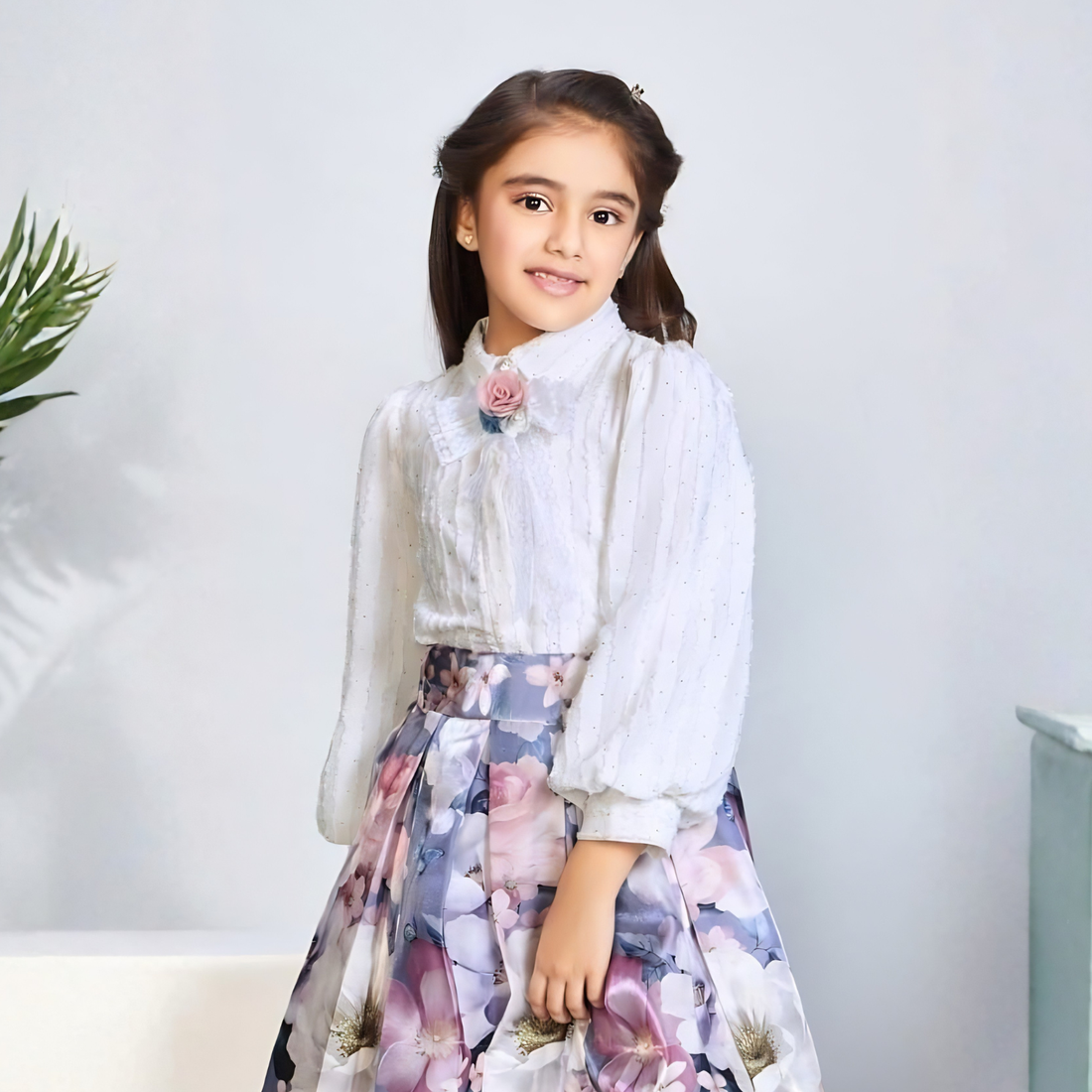 Girls Floral Print Long Skirt & Top