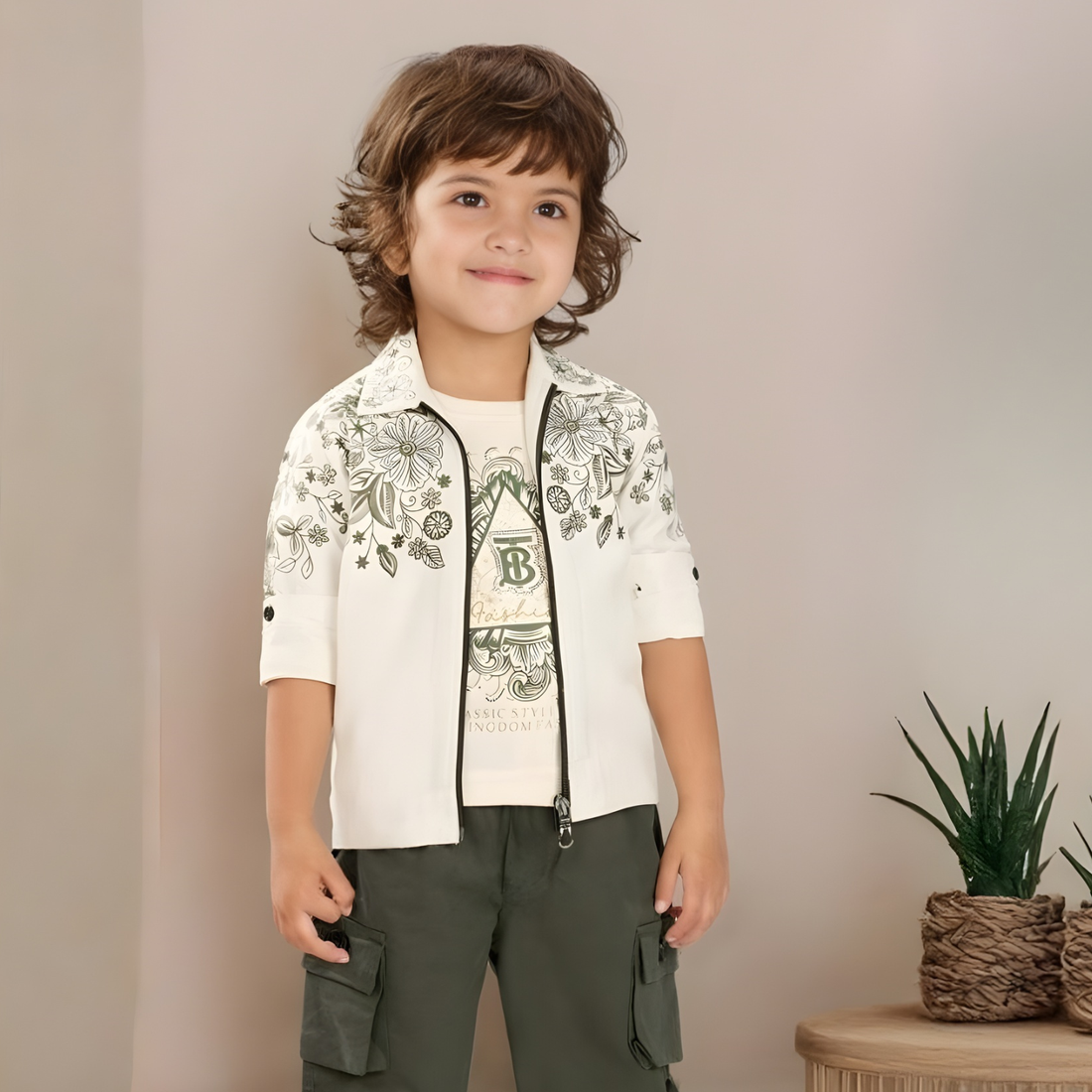 Boys Green Pant Set  with White Printed Jacket And T-Shirt