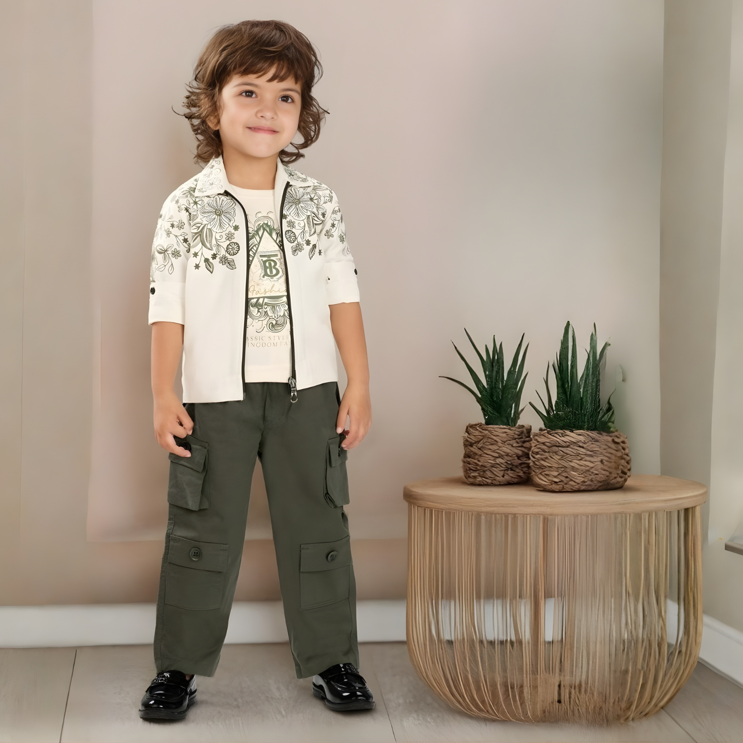 Boys Green Pant Set  with White Printed Jacket And T-Shirt