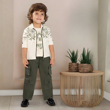 Boys Green Pant Set  with White Printed Jacket And T-Shirt