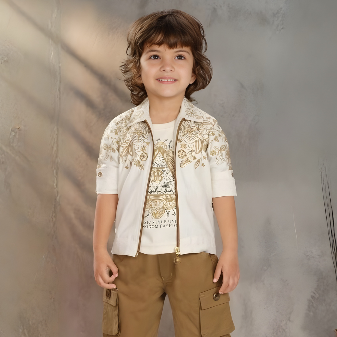 Boys Fawn Pant Set  with White Printed Jacket And T-Shirt