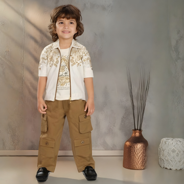 Boys Fawn Pant Set  with White Printed Jacket And T-Shirt