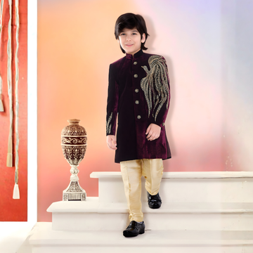 Elegant Wine Boys Sherwani with Cream Pyjama
