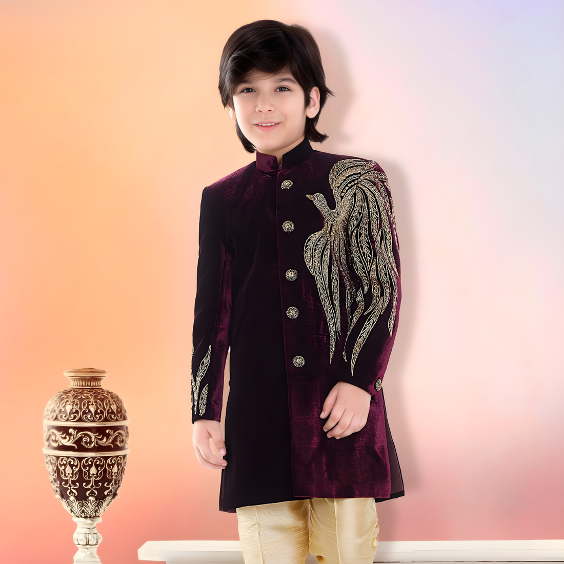 Elegant Wine Boys Sherwani with Cream Pyjama