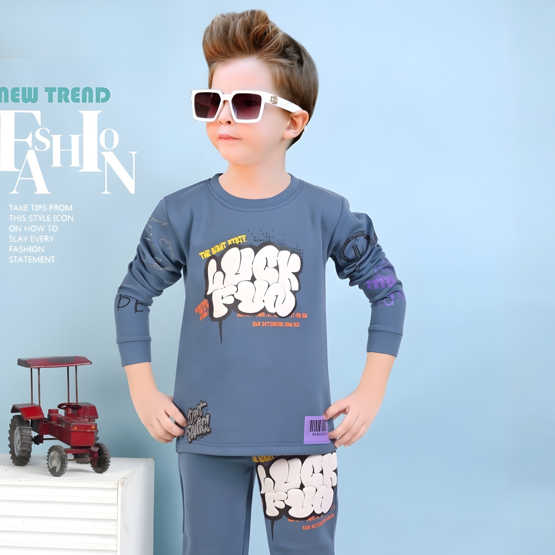 Boys Blue Stylish Printed Cord Set