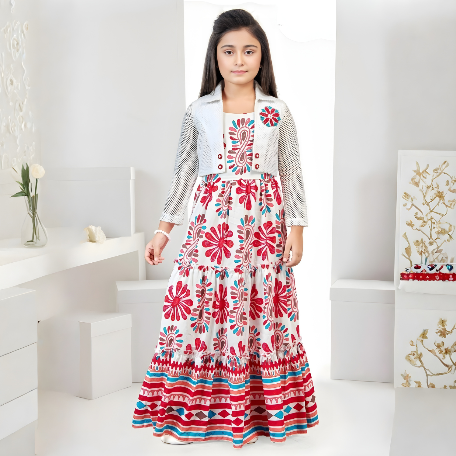 Girls Pink Western Frock & Jacket