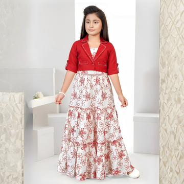 New Stylish Girls Printed Frock With Jacket Set