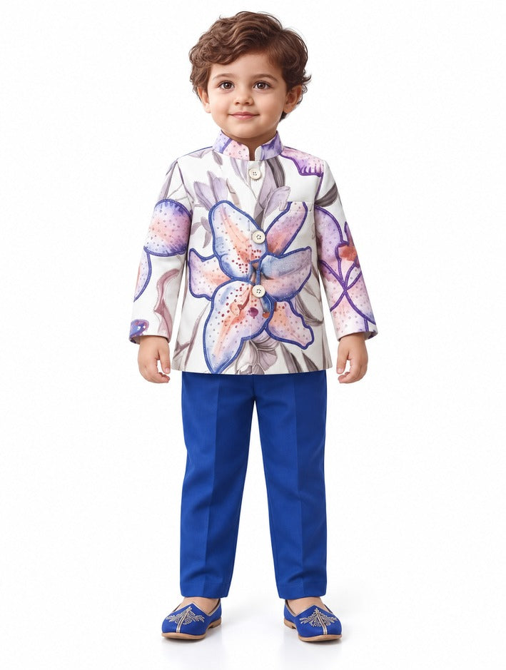 Boys Floral Print Mandarin Collar Jacket and Blue Pants Set