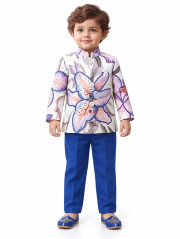Boys Floral Print Mandarin Collar Jacket and Blue Pants Set