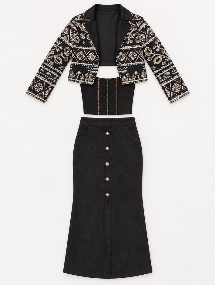 Girls Black Embroidered Jacket With Crop Top and Long Skirt Set