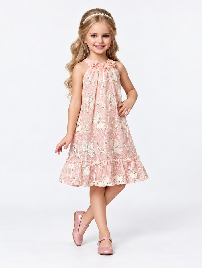 Girls Pink Floral Lace Halter Party Dress with Rosette Neckline