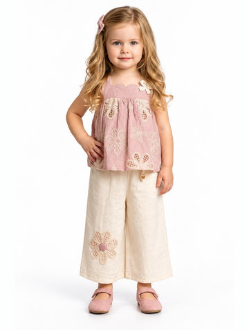 Girls Peach Floral Lace Top and Cream Palazzo Pants Set