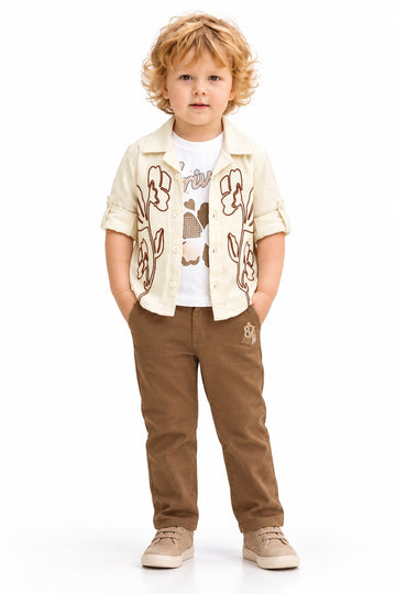 Boys Cream Floral Shirt, Graphic T-shirt and Brown Pants Set (Shoes Not Included)