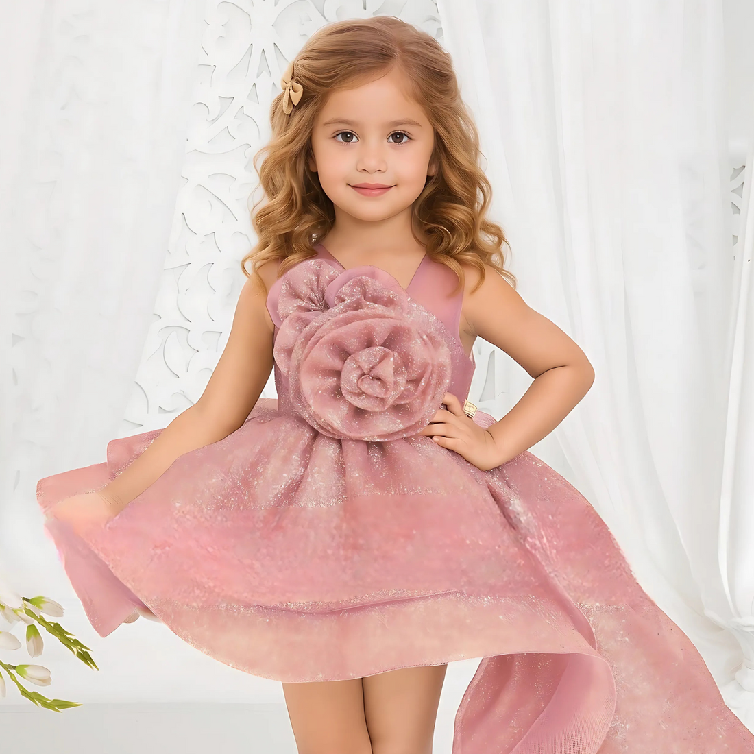 Girls Embellished With Floral Tail Back Frock