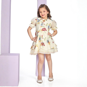 Cream Floral Tiered Frock with Puff Sleeves For Girls