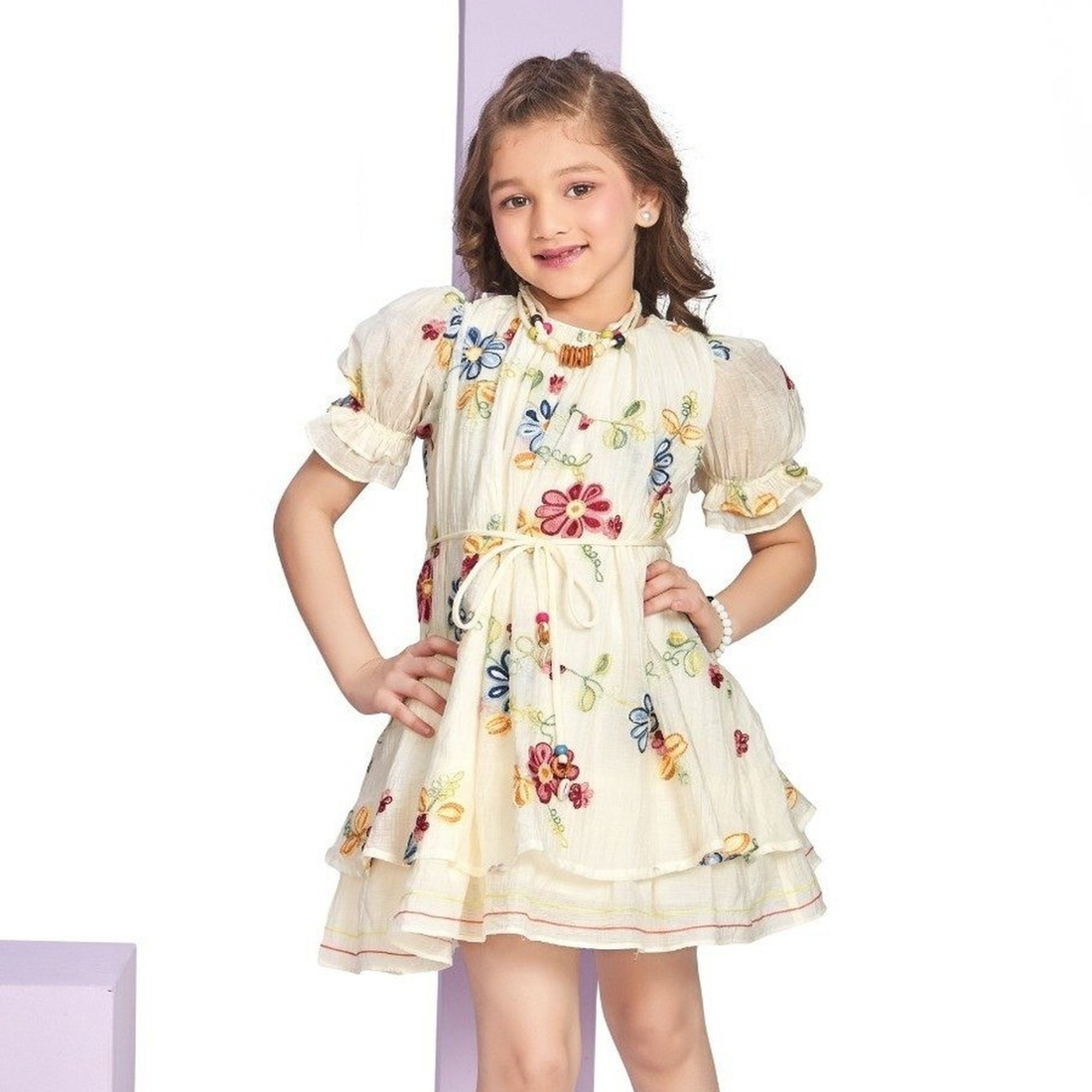 Cream Floral Tiered Frock with Puff Sleeves For Girls