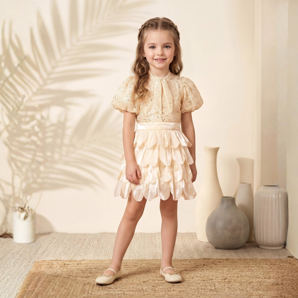 Trendy Girls' Beige Festive Top and Skirt Set