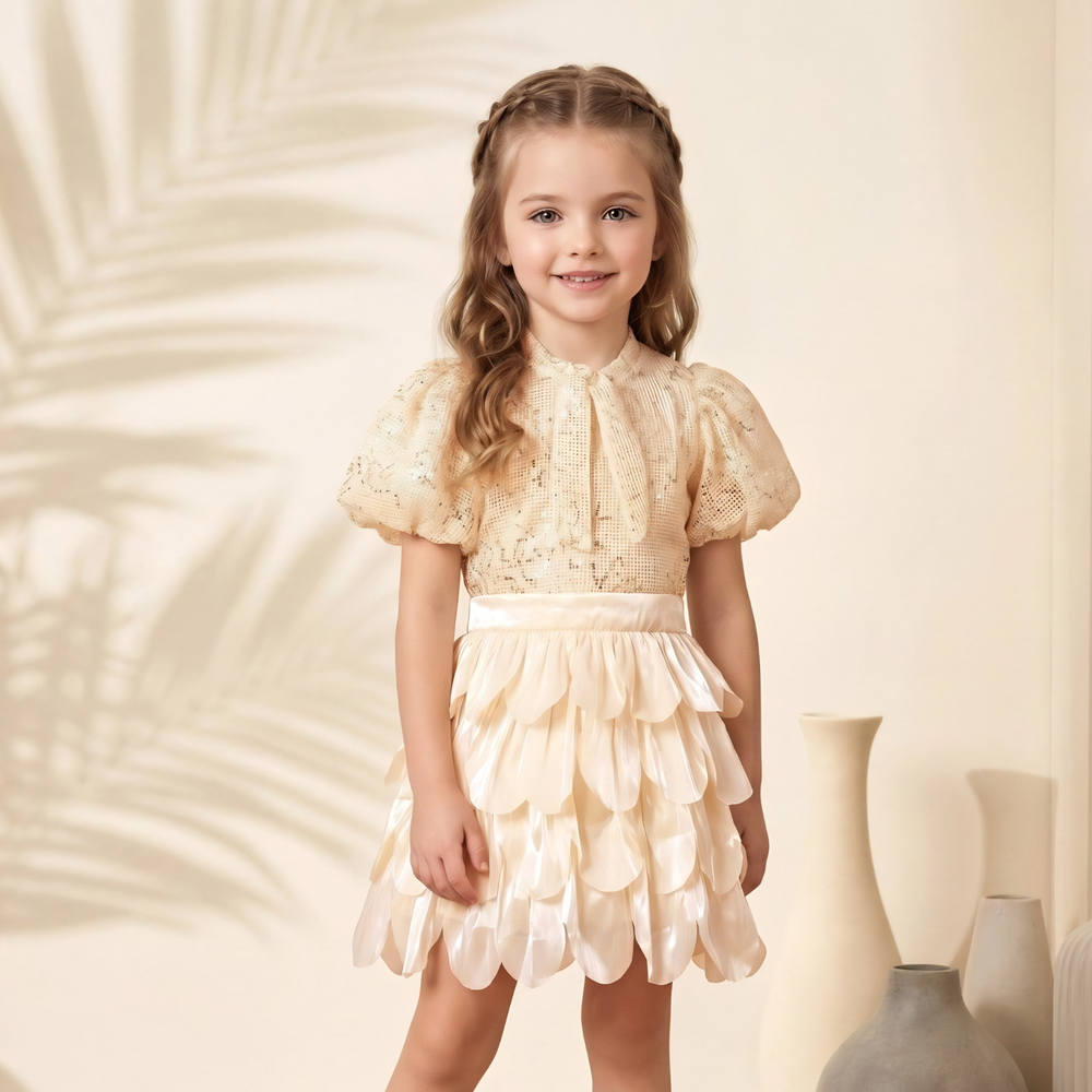 Trendy Girls' Beige Festive Top and Skirt Set