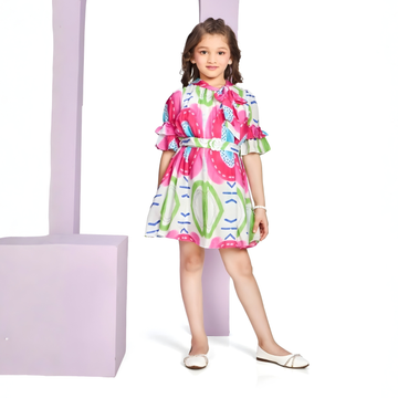 Multicolor Printed Crepe Frock For Girls