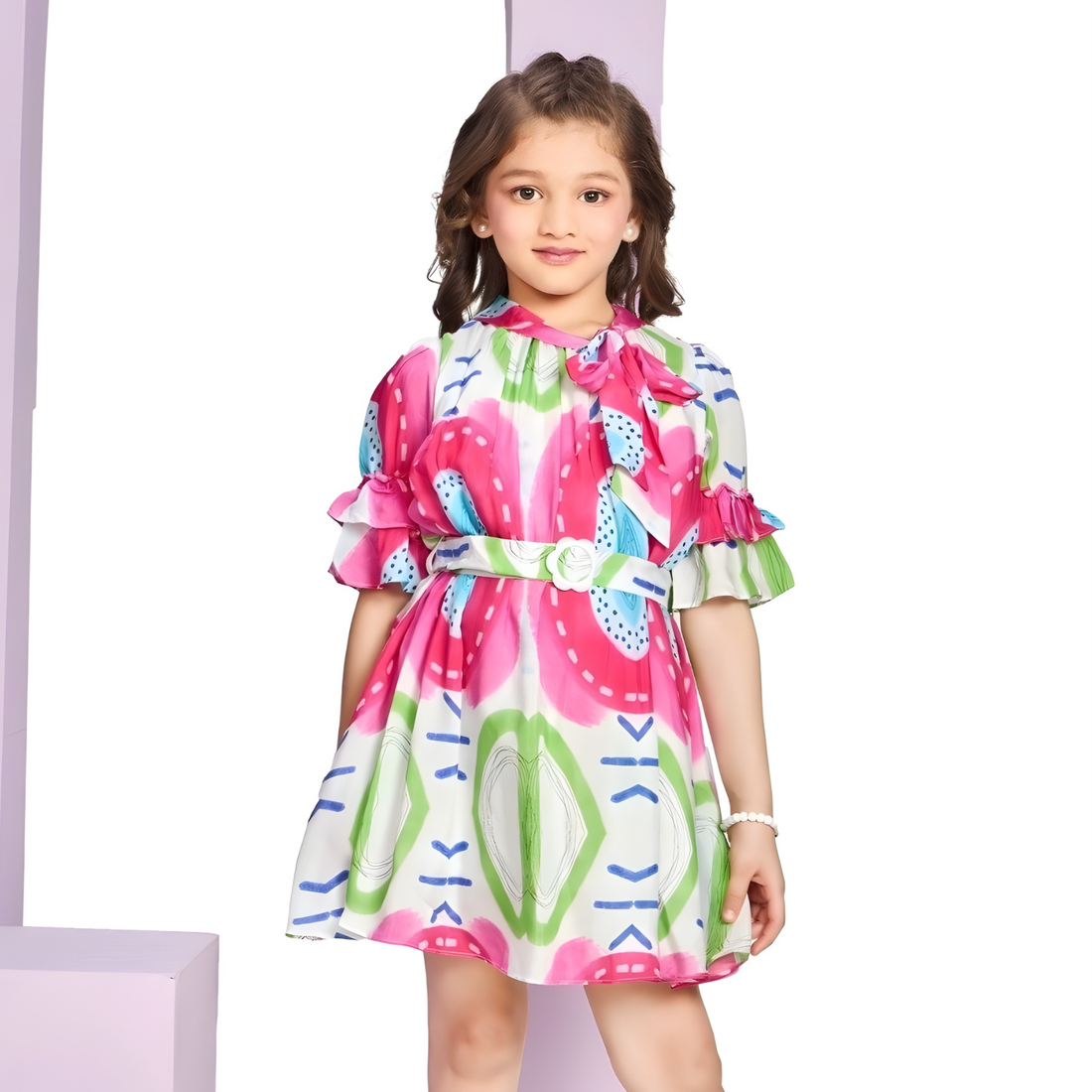 Multicolor Printed Crepe Frock For Girls