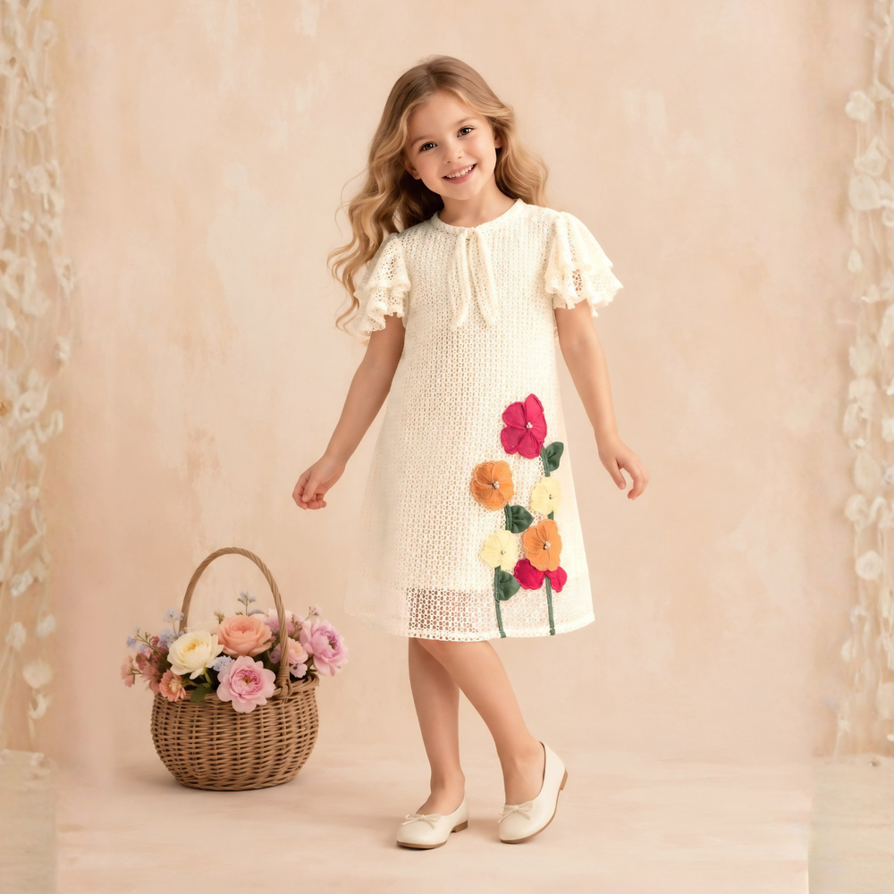 Cream Snail And Floral Print A-Line Frock For Girls