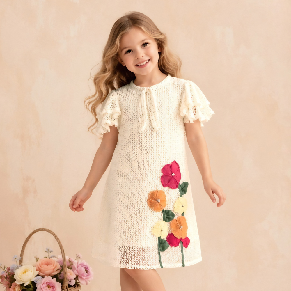 Cream Snail And Floral Print A-Line Frock For Girls