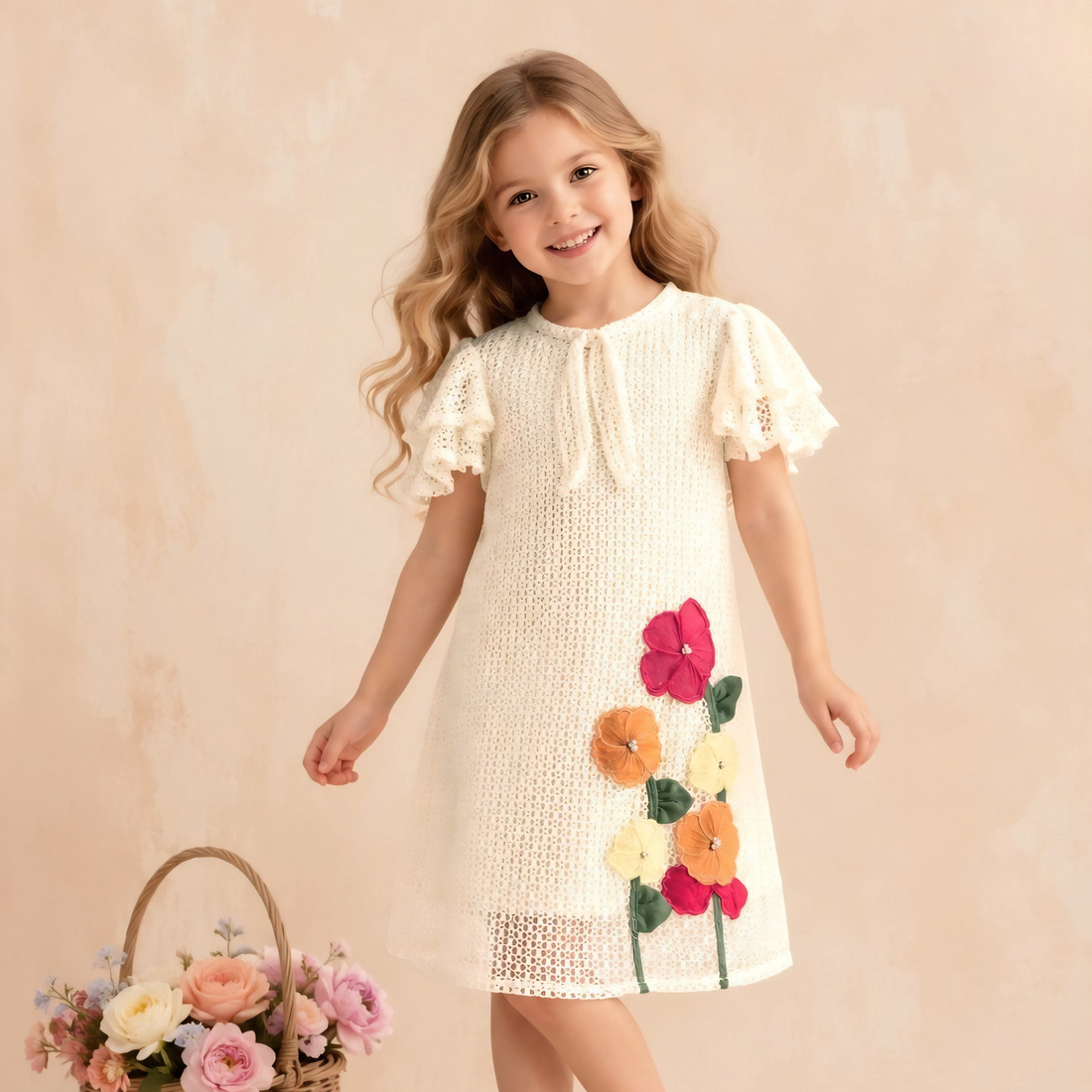 White Shift Dress with Colorful Floral Frock For Girls