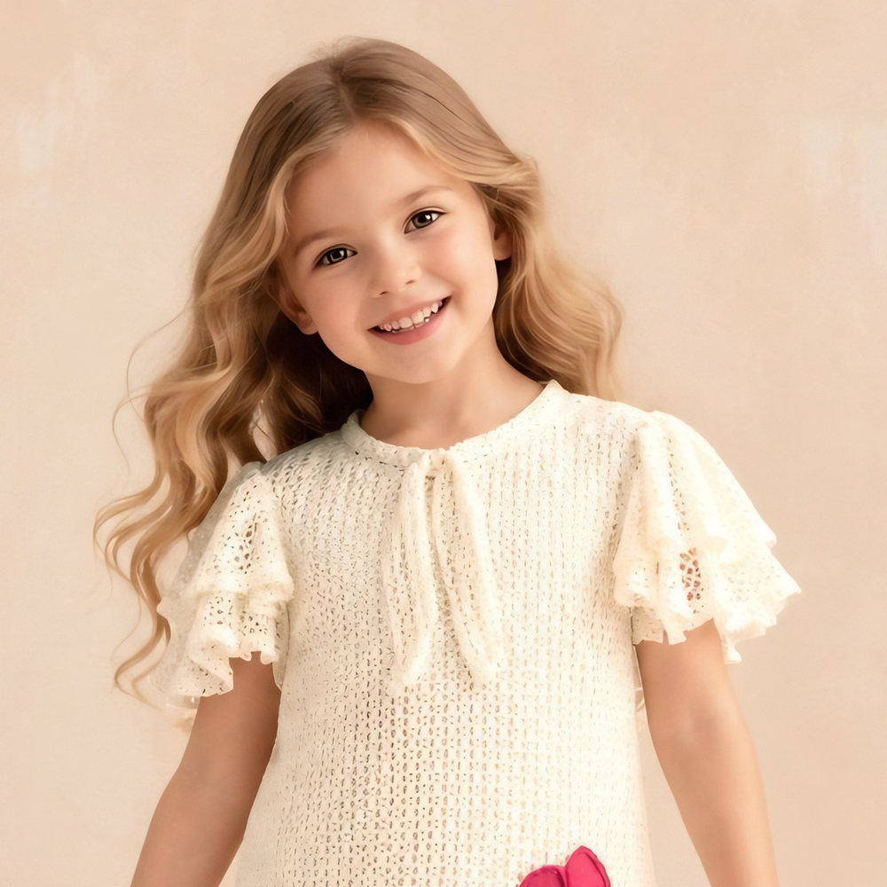 Cream Snail And Floral Print A-Line Frock For Girls