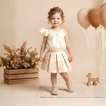 Trending Girls Top & Skirt Set – Cream Floral Two-Piece Outfit