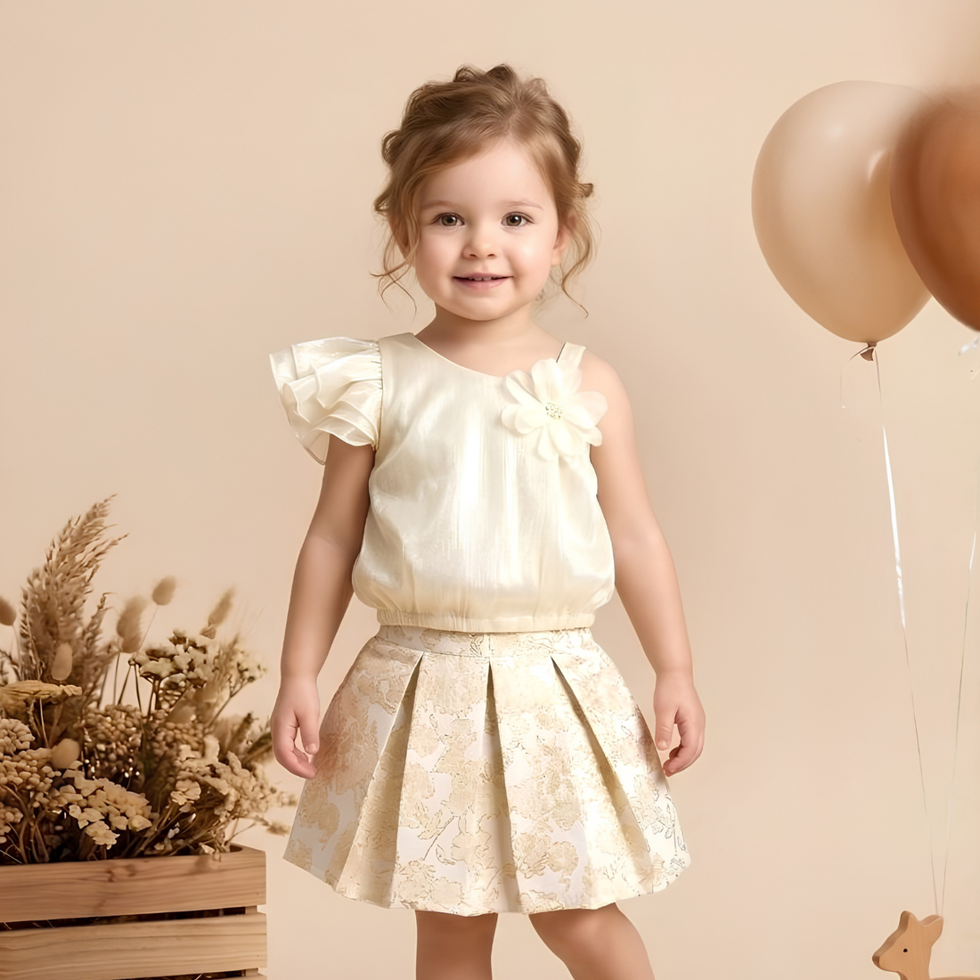 Trending Girls Top & Skirt Set – Cream Floral Two-Piece Outfit