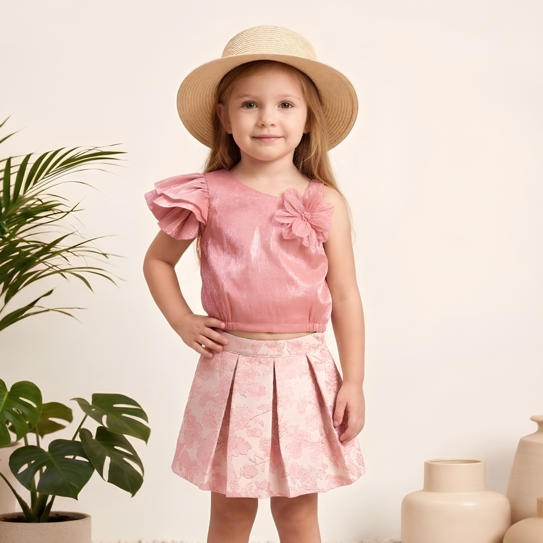 Trending Girls Top & Skirt Set – Pink Floral Two-Piece Outfit