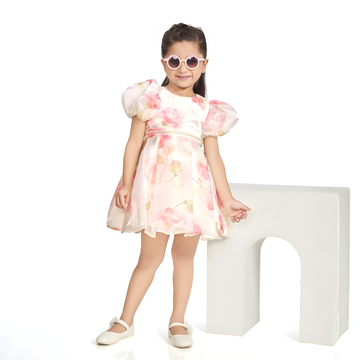 Girls Floral Print Puff Sleeve Frock