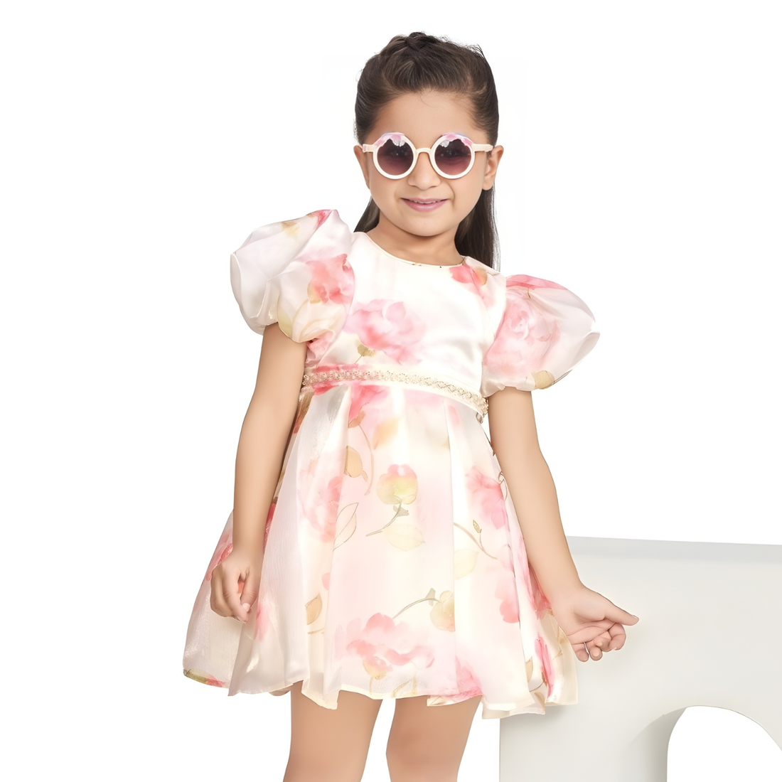 Girls Floral Print Puff Sleeve Frock