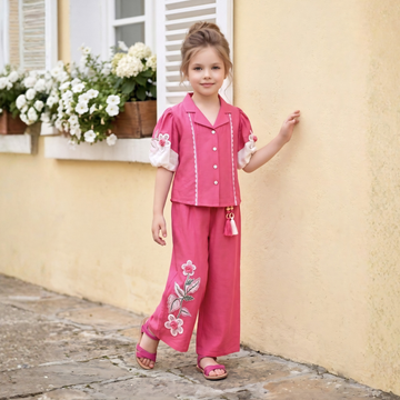 Elegant Pink Shirt And Pink Wide-Leg Co-Ord Set For Girls