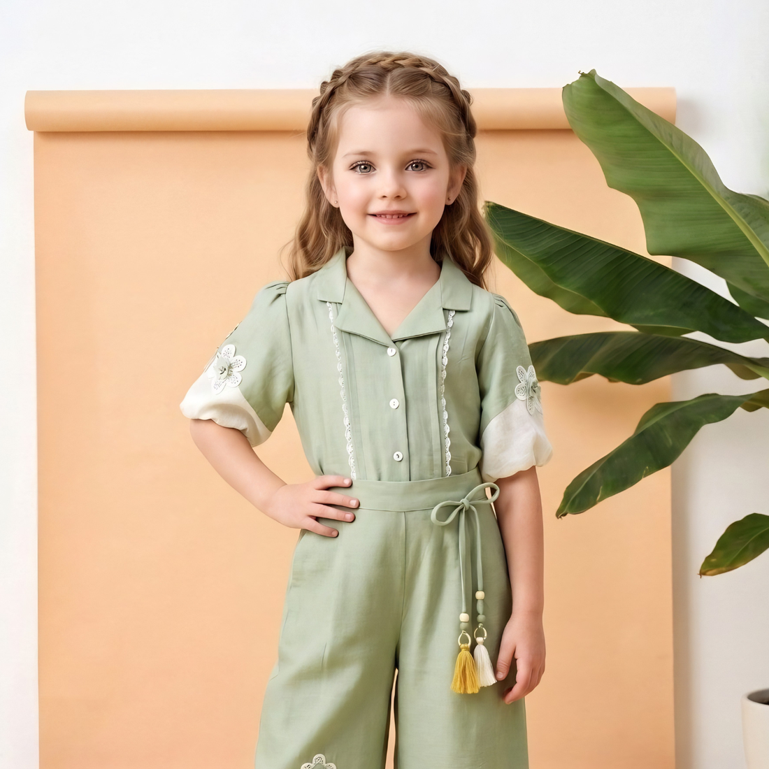 Girls Pista Green Collar Shirt Short Sleeves Co-Ord Set
