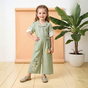 Girls Pista Green Collar Shirt Short Sleeves Co-Ord Set