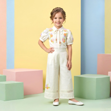 Cream Floral Printed Top and Wide Legged Pant Set For Girls