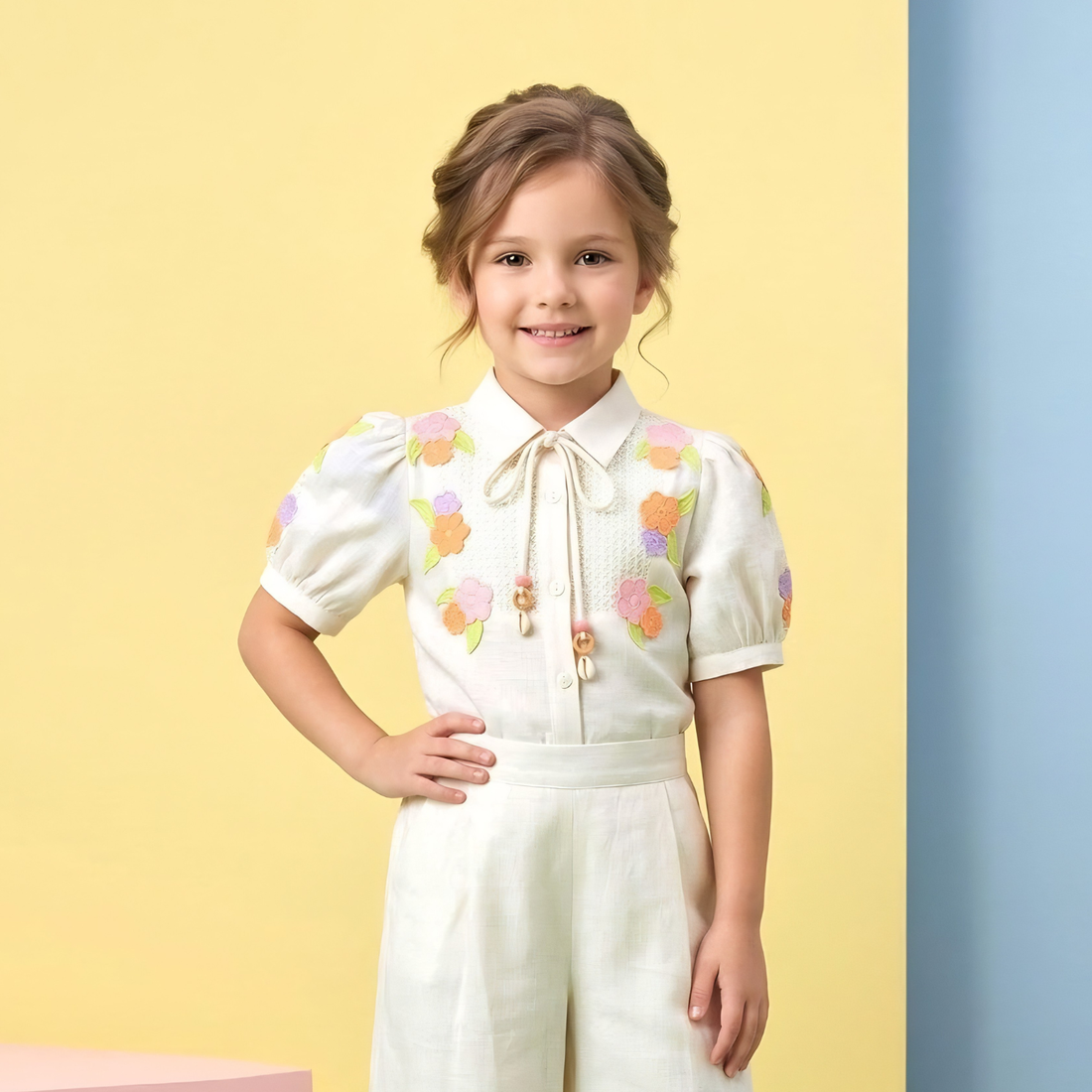 Cream Floral Printed Top and Wide Legged Pant Set For Girls