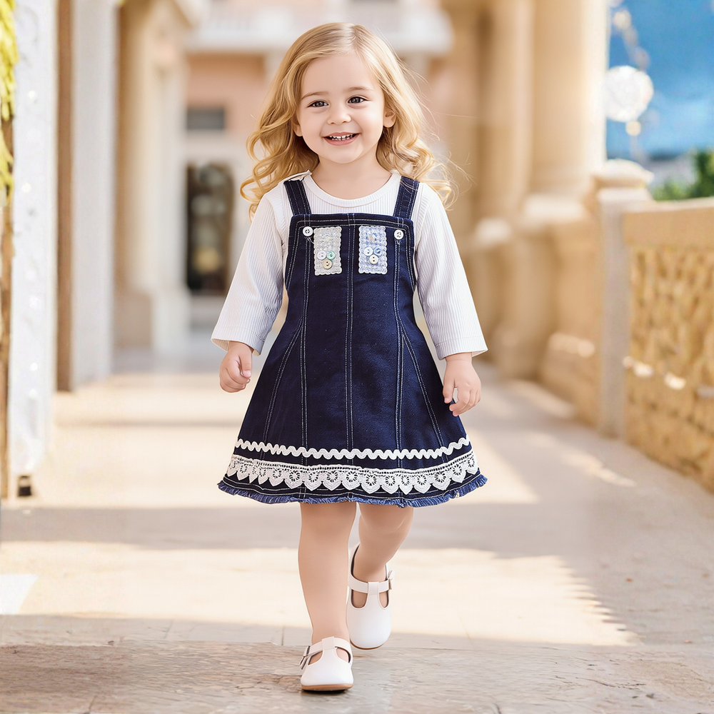 Girls blue denim frock with white lace trim