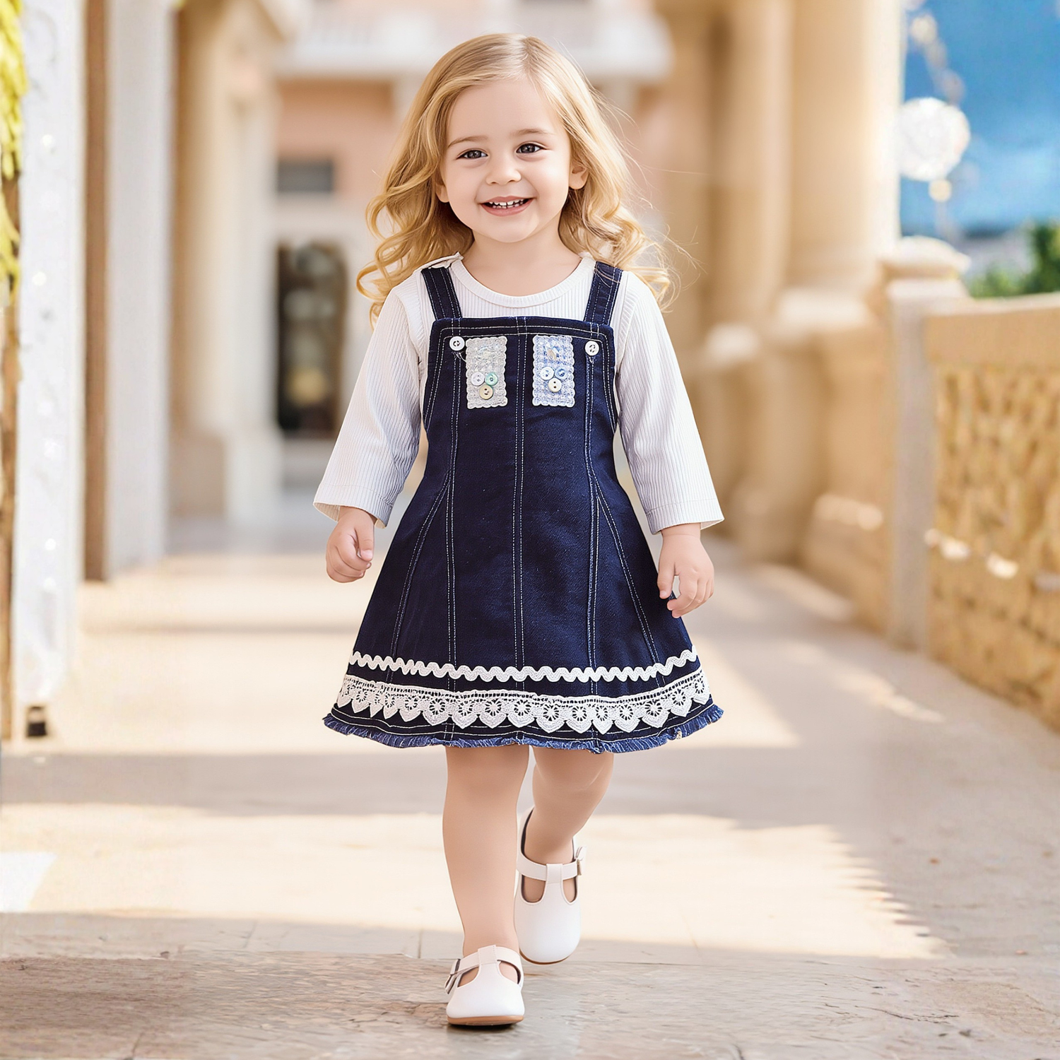 Girls blue denim frock with white lace trim