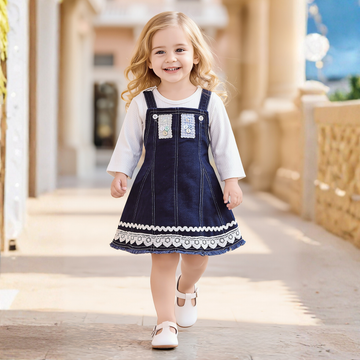 Girls blue denim frock with white lace trim