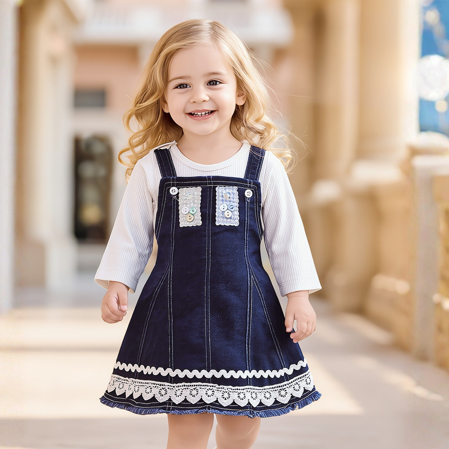 Girls blue denim frock with white lace trim