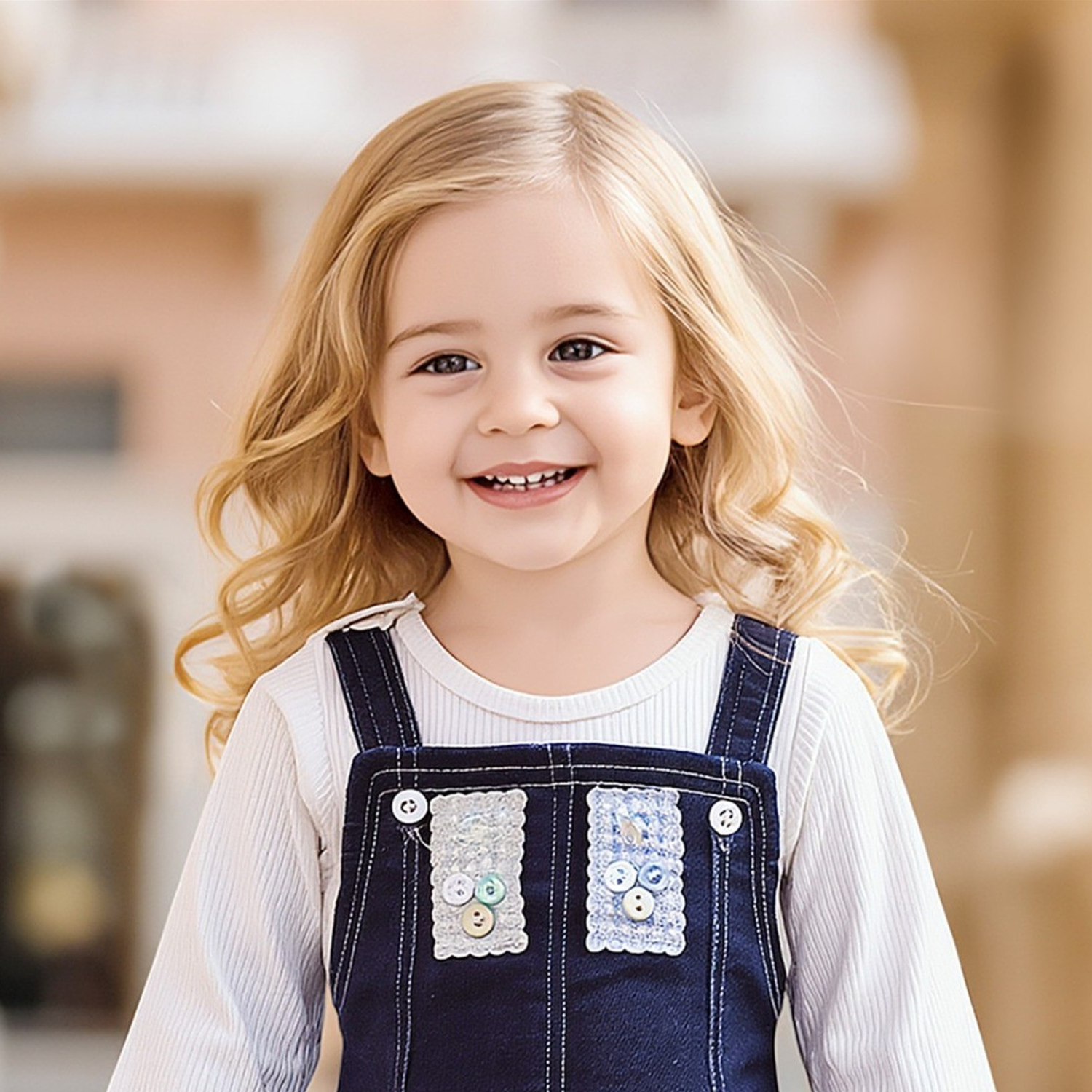 Close-up of girls blue denim frock detailing